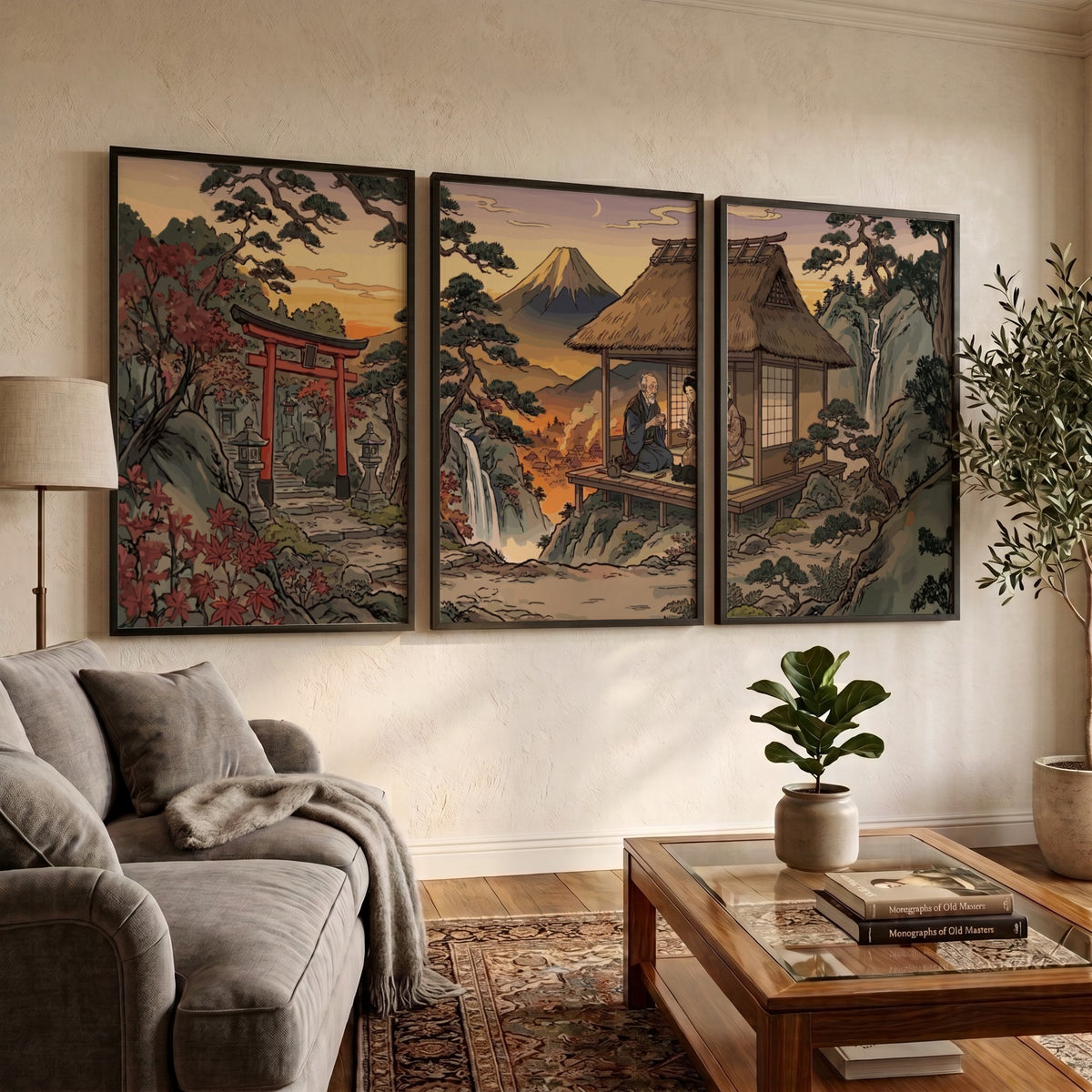 Three framed Japanese mountain landscape prints featuring a torii gate and teahouse setting
