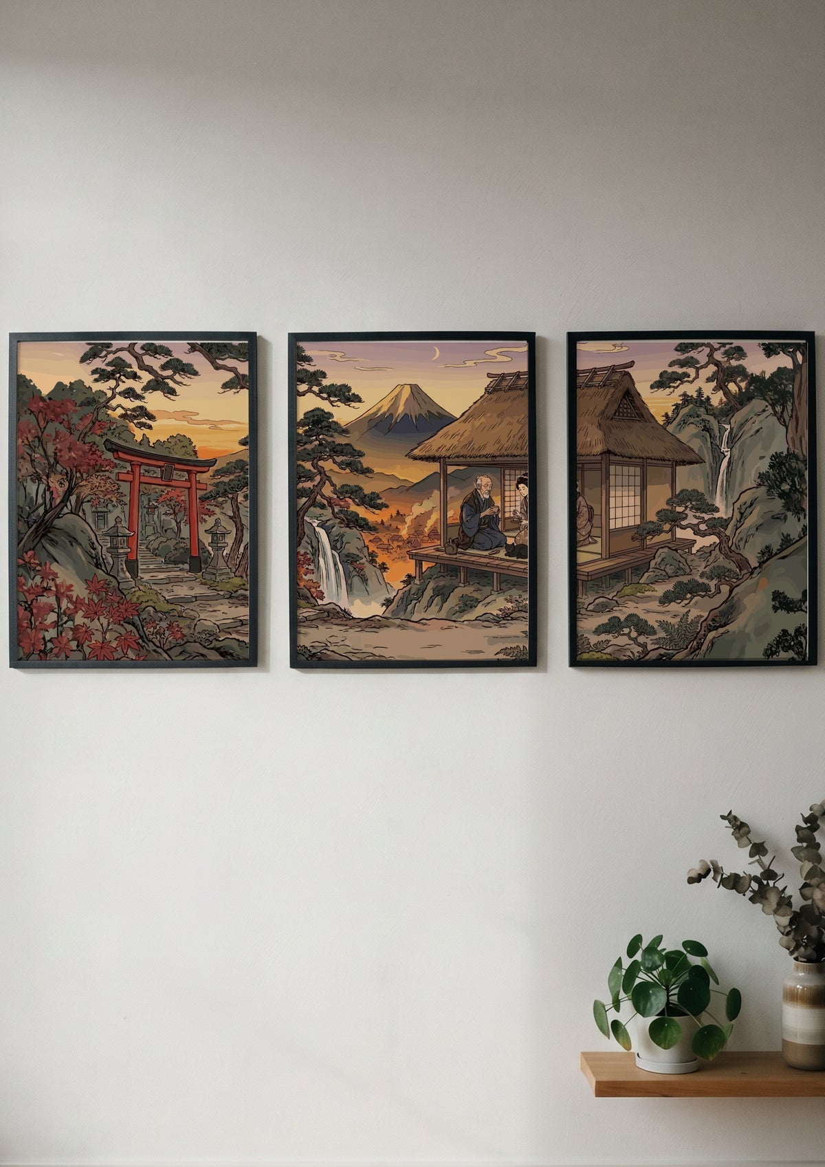 Three framed Japanese mountain landscape prints featuring a torii gate and teahouse setting