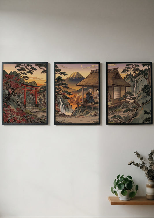 Three framed Japanese mountain landscape prints featuring a torii gate and teahouse setting