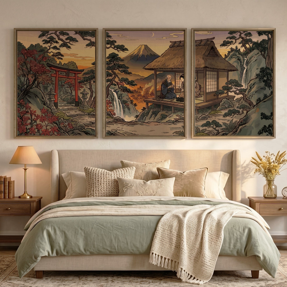 Three framed Japanese mountain landscape prints featuring a torii gate and teahouse setting