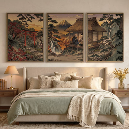 Three framed Japanese mountain landscape prints featuring a torii gate and teahouse setting