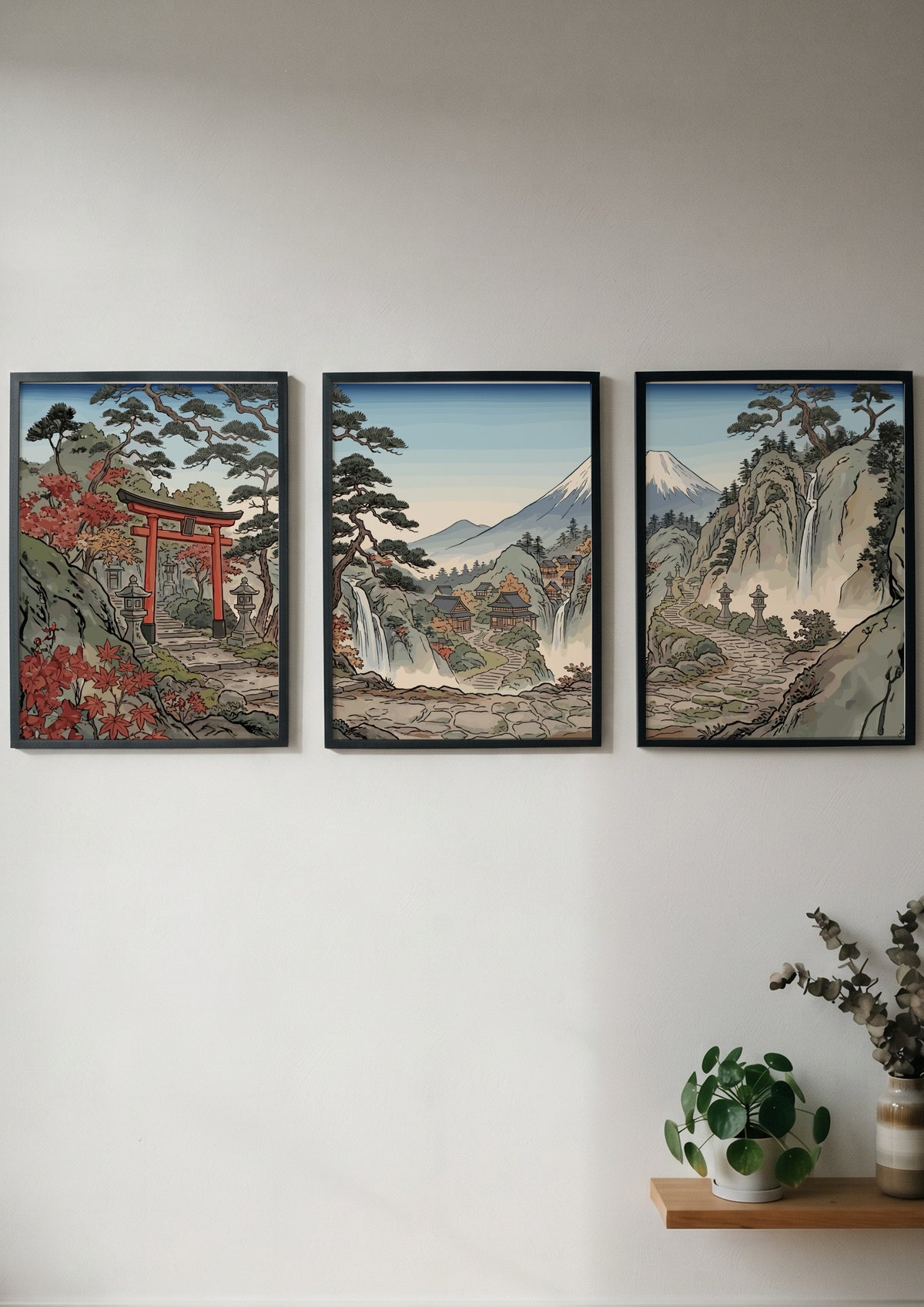 Three framed Japanese woodblock prints displaying a torii gate, waterfalls, and Mount Fuji.