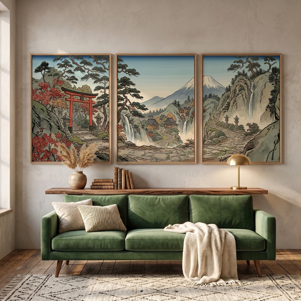 Three framed Japanese woodblock prints displaying a torii gate, waterfalls, and Mount Fuji.