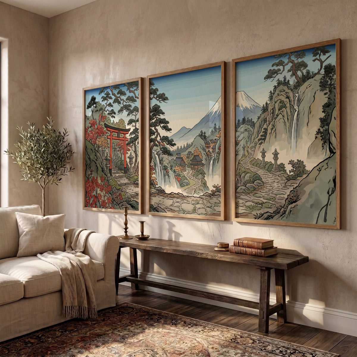 Three framed Japanese woodblock prints displaying a torii gate, waterfalls, and Mount Fuji.