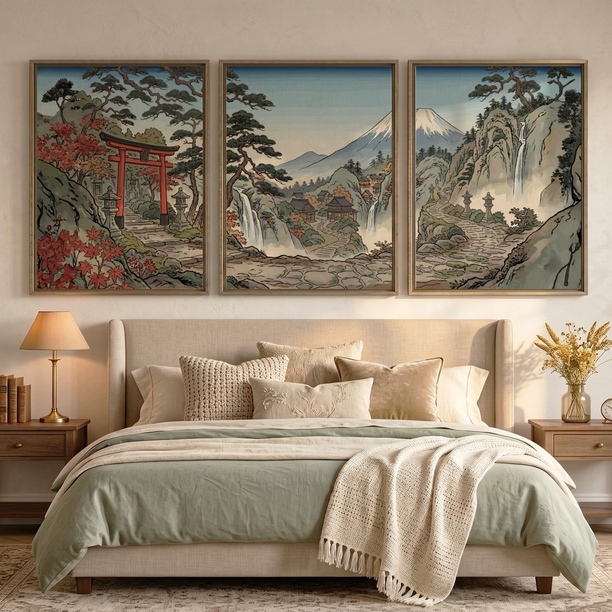 Three framed Japanese woodblock prints displaying a torii gate, waterfalls, and Mount Fuji.