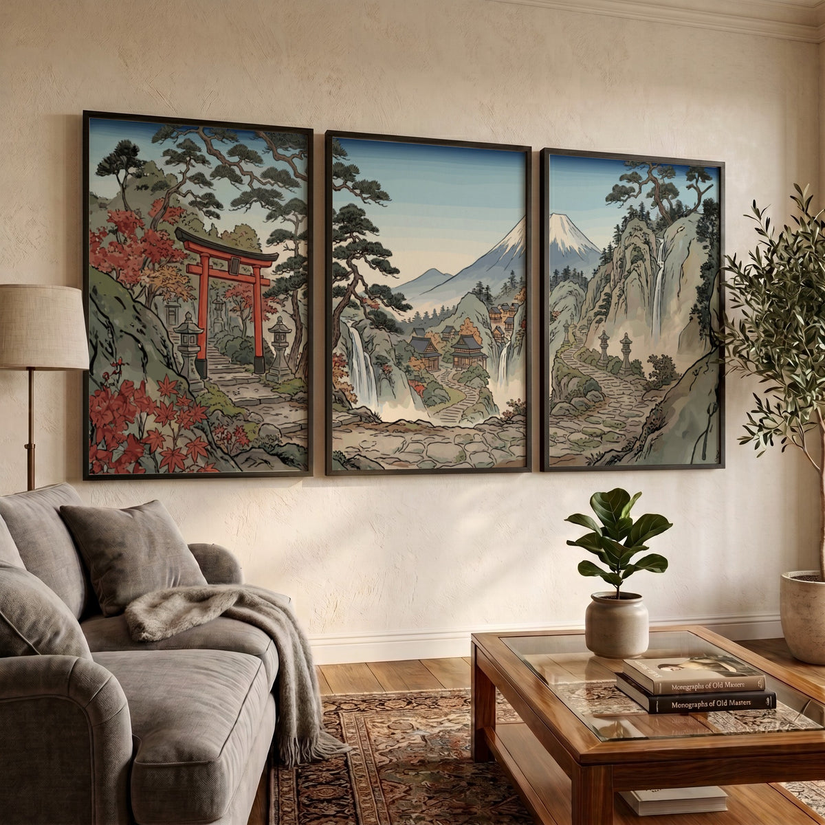 Three framed Japanese woodblock prints displaying a torii gate, waterfalls, and Mount Fuji.