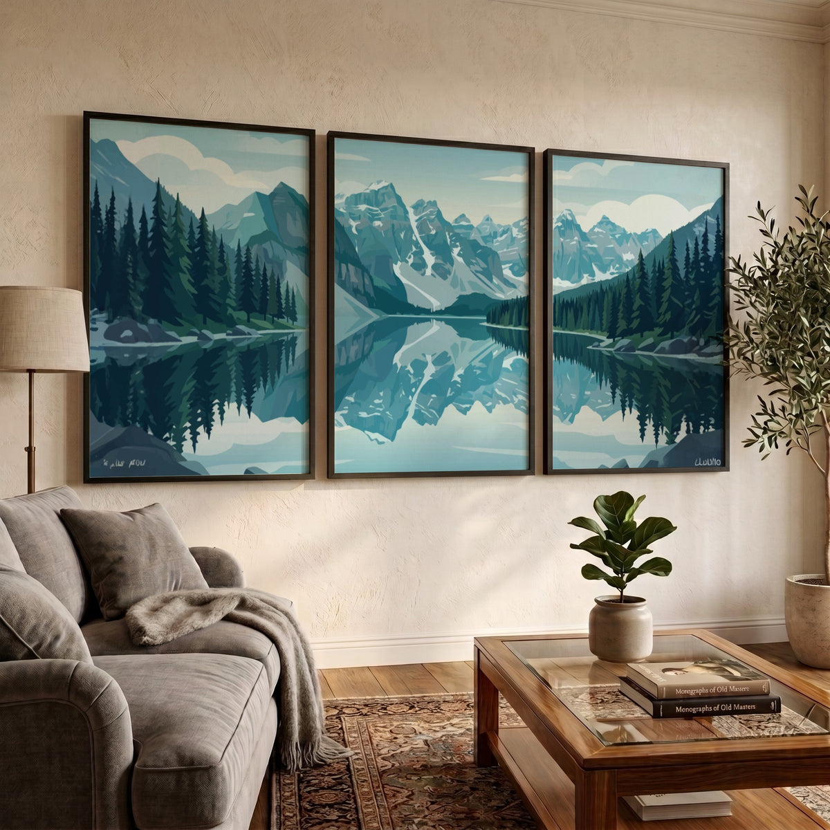 Mountain lake triptych wall decor featuring blue alpine peaks and green pine trees