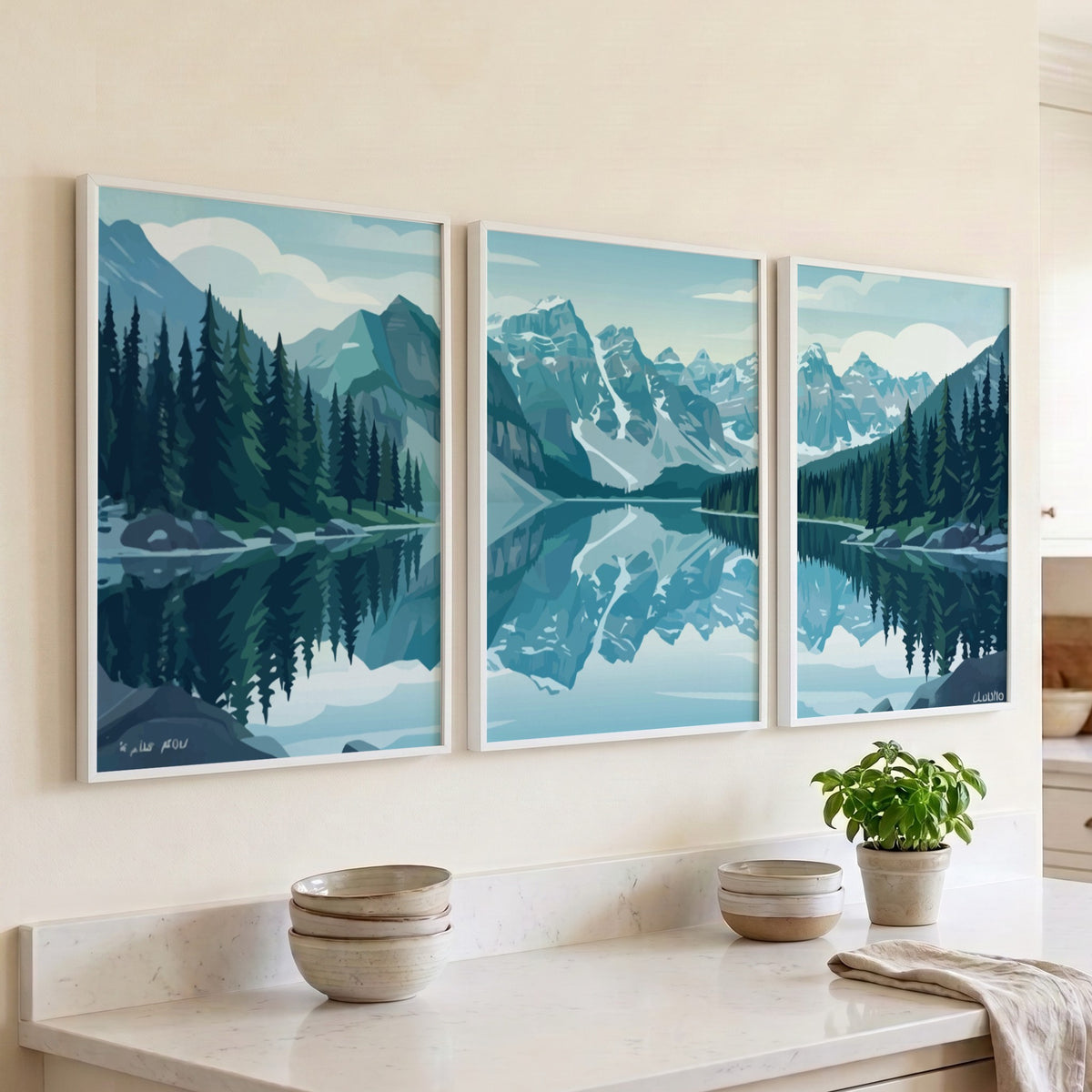 Mountain lake triptych wall decor featuring blue alpine peaks and green pine trees