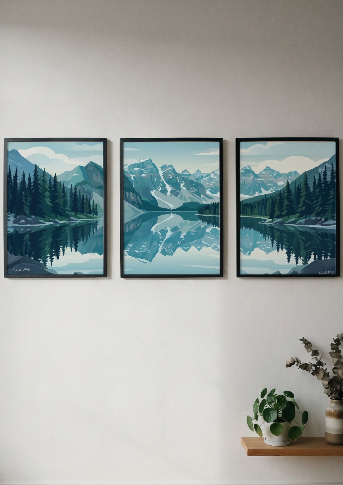 Mountain lake triptych wall decor featuring blue alpine peaks and green pine trees