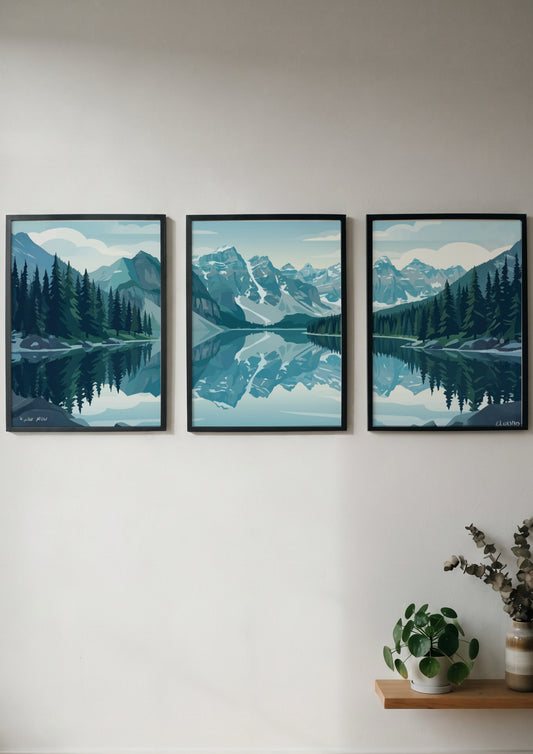 Mountain lake triptych wall decor featuring blue alpine peaks and green pine trees