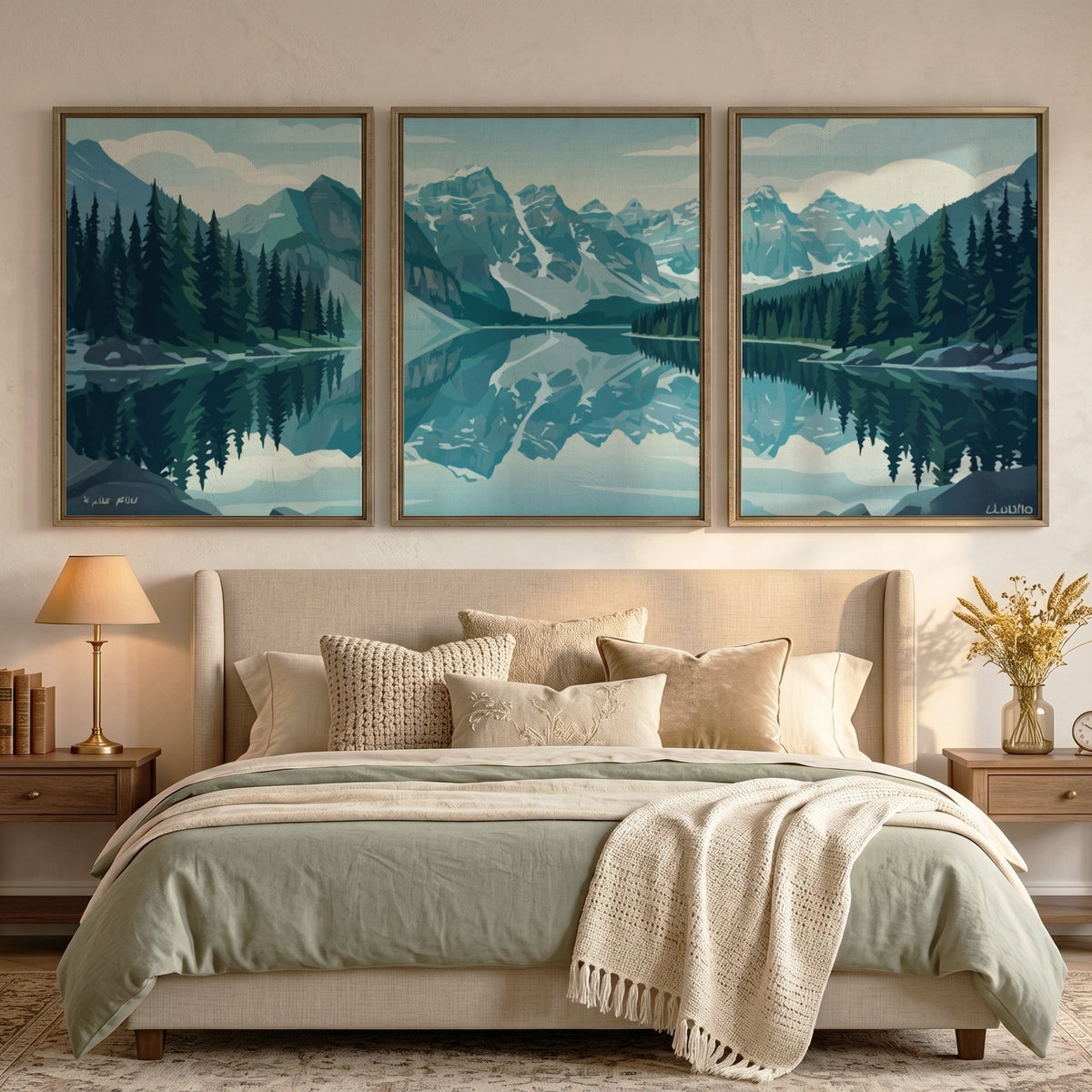 Mountain lake triptych wall decor featuring blue alpine peaks and green pine trees