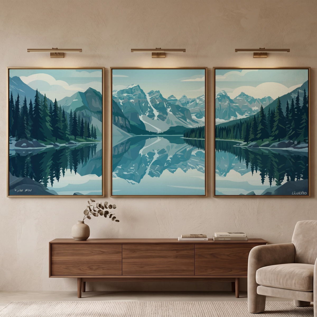 Mountain lake triptych wall decor featuring blue alpine peaks and green pine trees