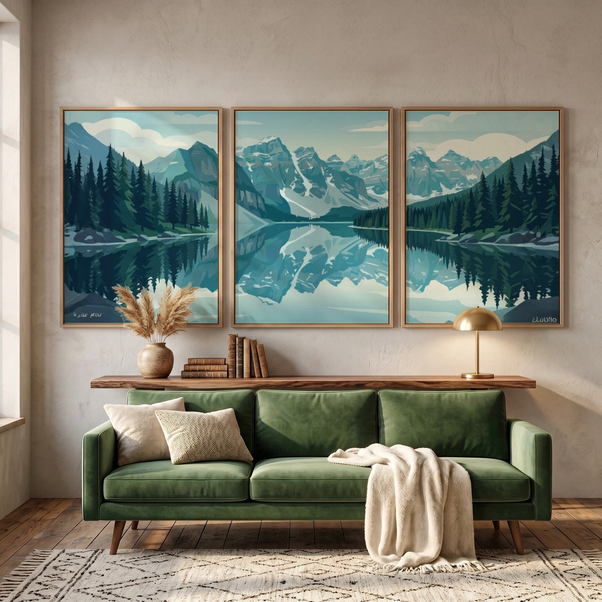 Mountain lake triptych wall decor featuring blue alpine peaks and green pine trees