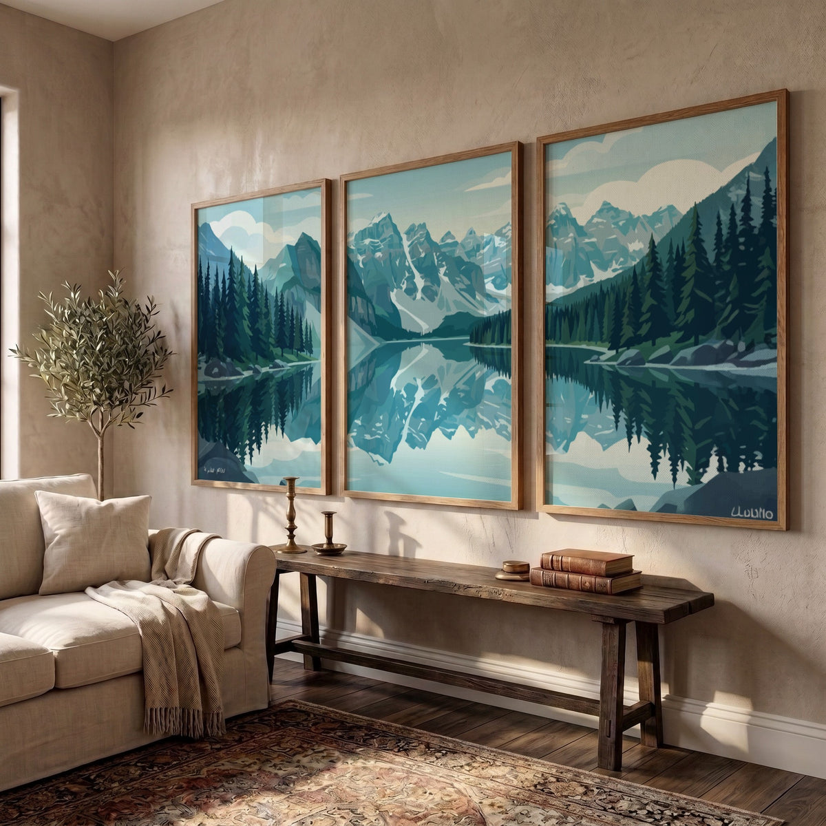 Mountain lake triptych wall decor featuring blue alpine peaks and green pine trees