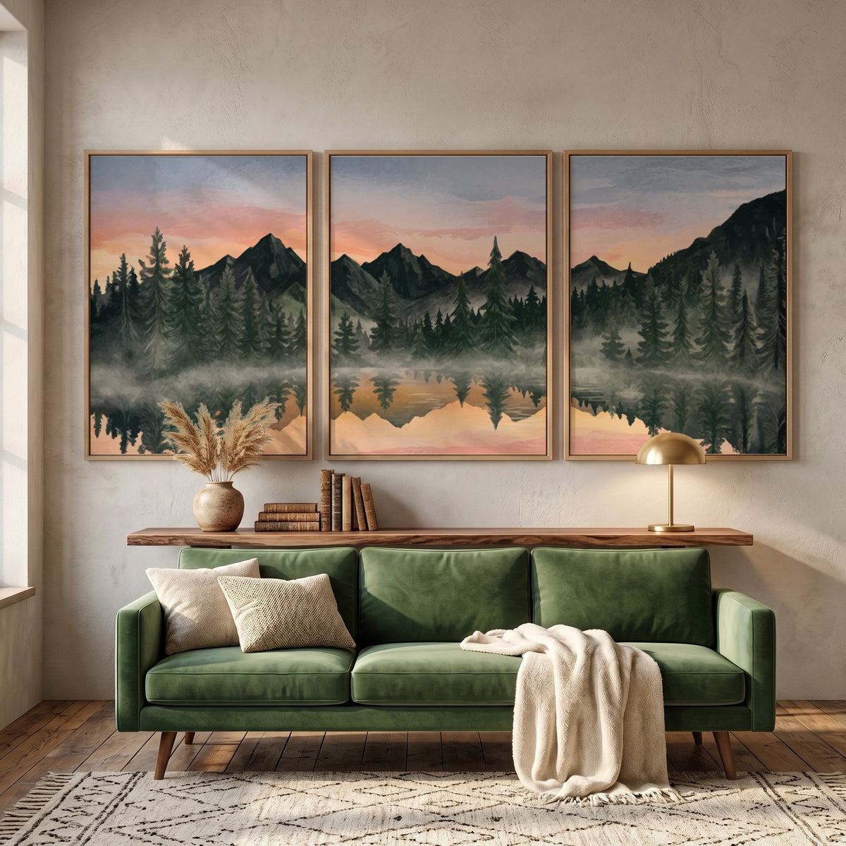 Three framed landscape prints showing misty mountains and pine trees reflected in water