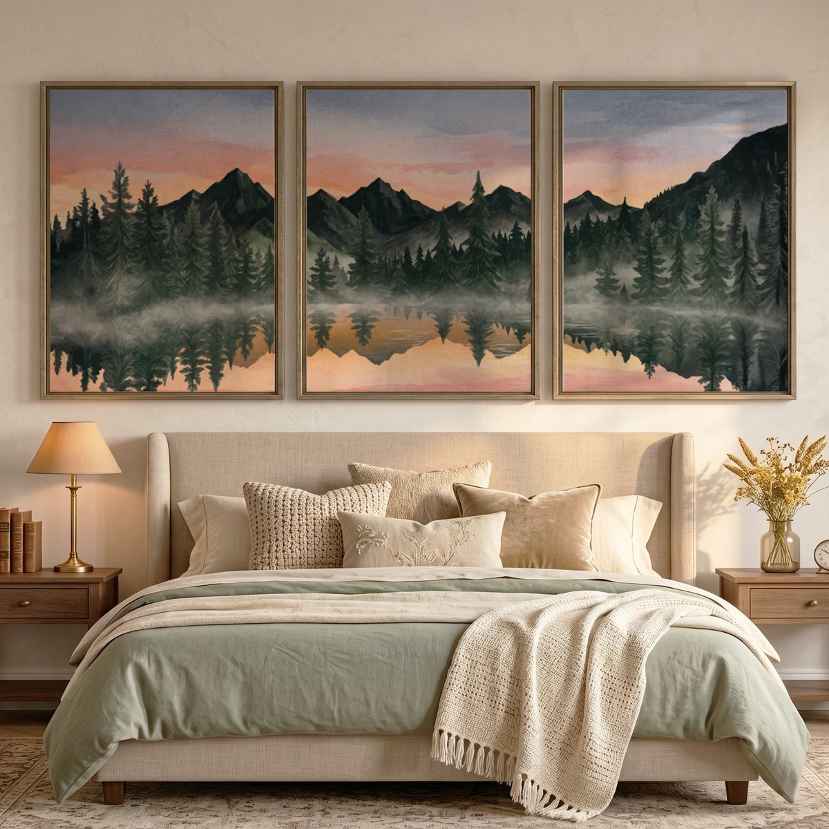 Three framed landscape prints showing misty mountains and pine trees reflected in water