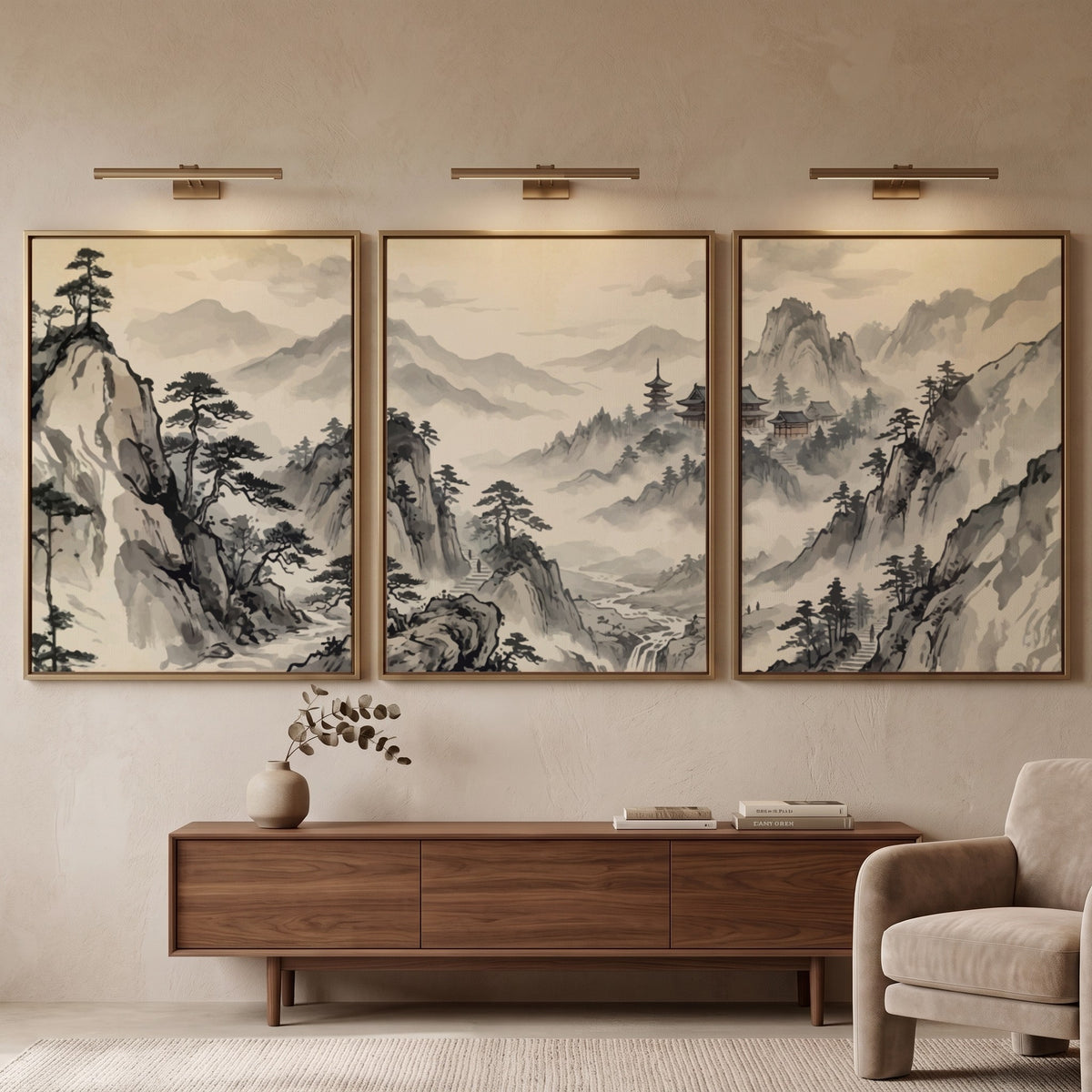 Three framed Japanese ink wash mountain landscapes with pine trees and misty valleys
