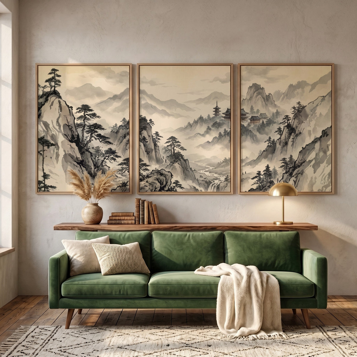 Three framed Japanese ink wash mountain landscapes with pine trees and misty valleys