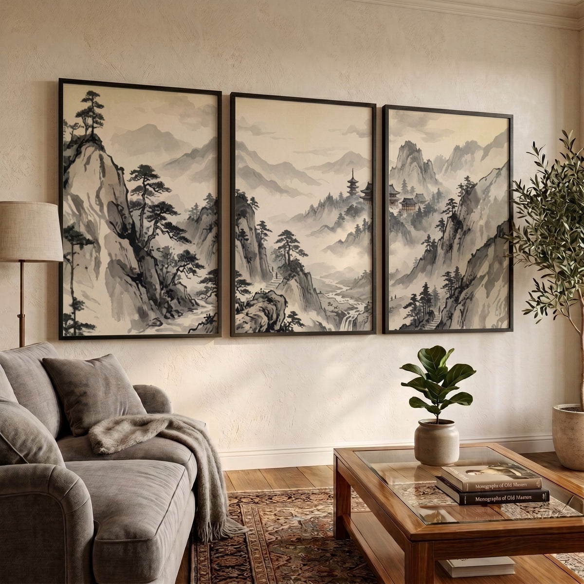 Three framed Japanese ink wash mountain landscapes with pine trees and misty valleys