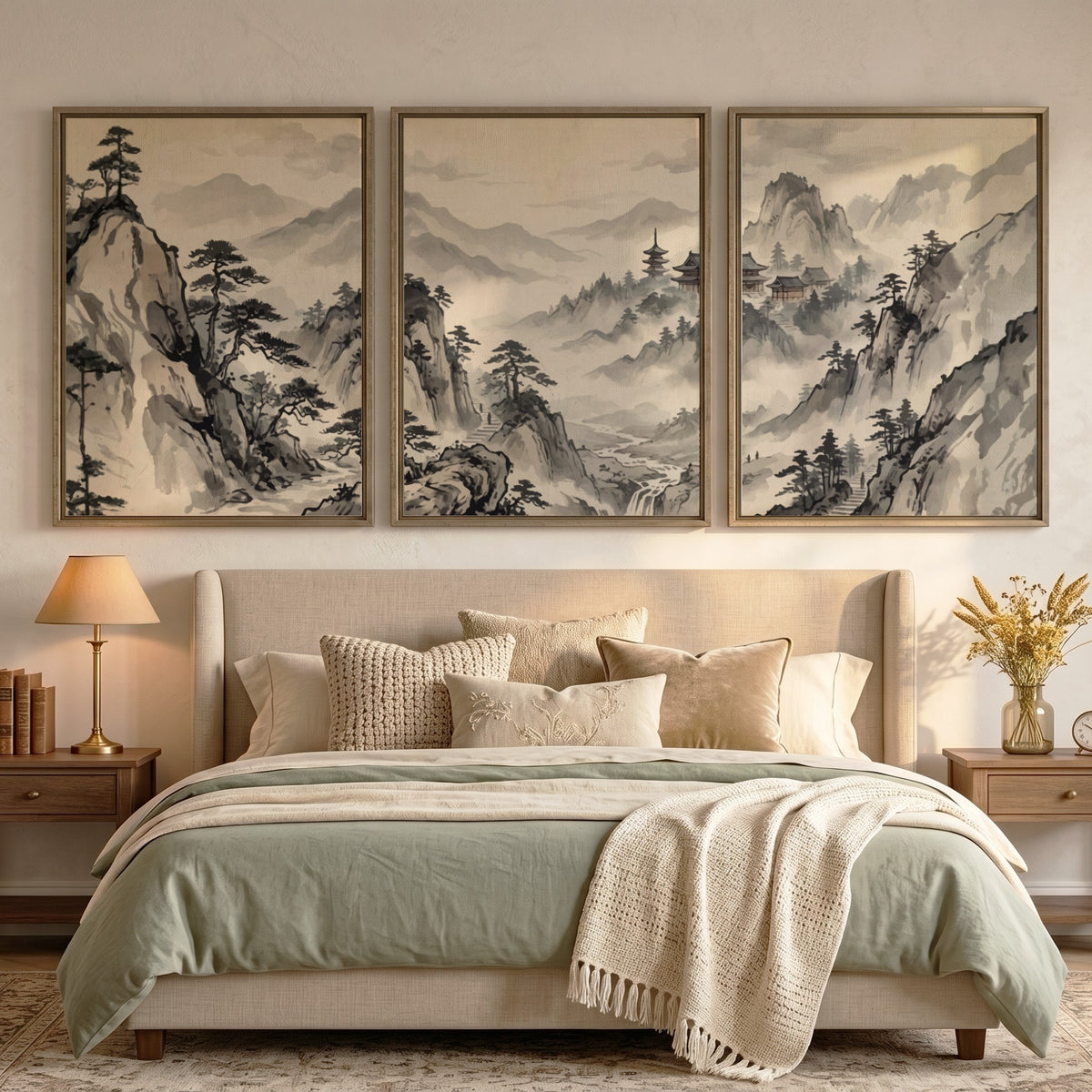 Three framed Japanese ink wash mountain landscapes with pine trees and misty valleys
