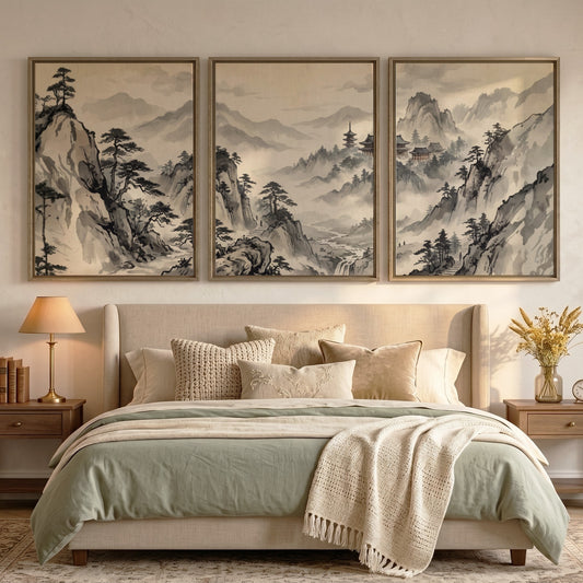 Three framed Japanese ink wash mountain landscapes with pine trees and misty valleys