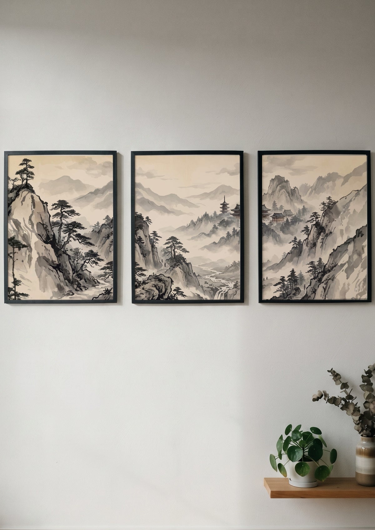Three framed Japanese ink wash mountain landscapes with pine trees and misty valleys