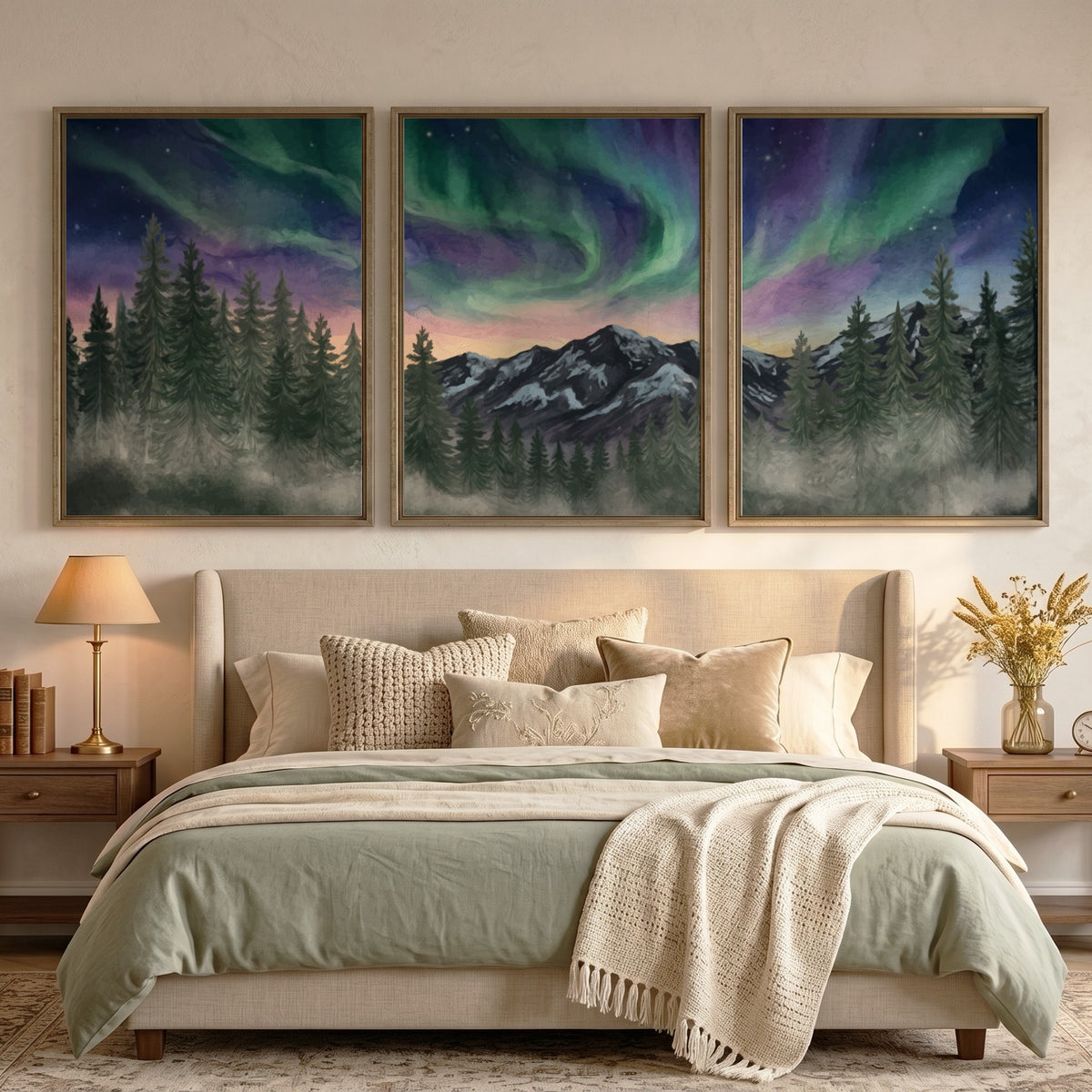 Three framed landscape prints showing green and purple aurora borealis over mountain forests