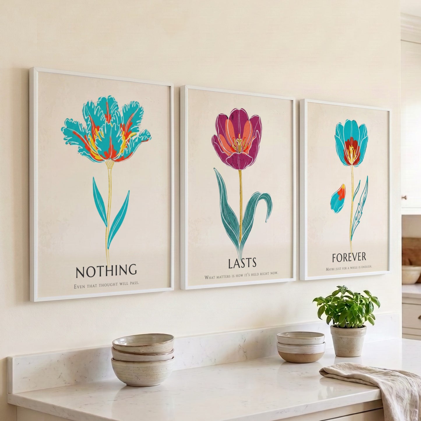 Poster set featuring three vibrant tulip illustrations with the words Nothing Lasts Forever displayed.