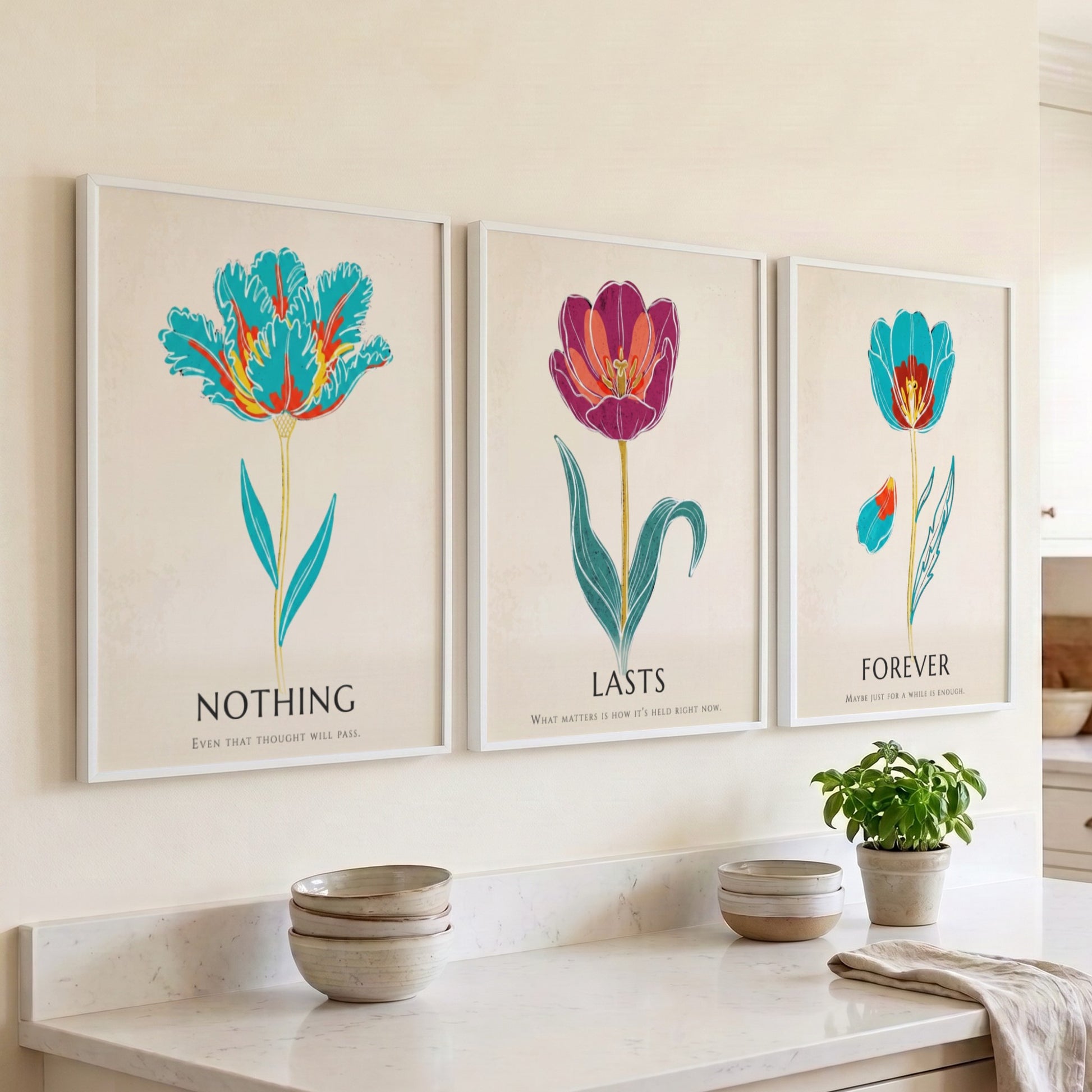 Poster set featuring three vibrant tulip illustrations with the words Nothing Lasts Forever displayed.