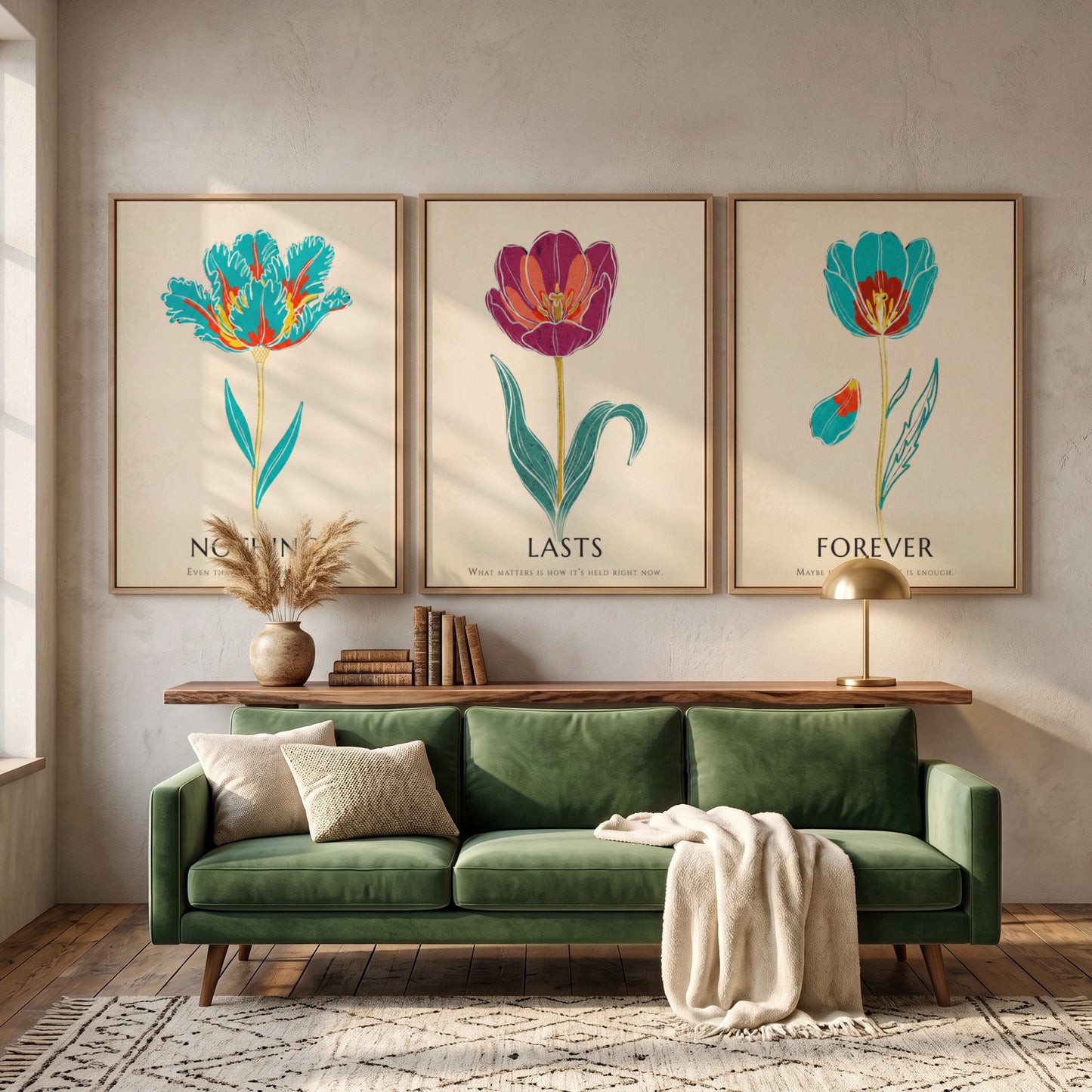 Poster set featuring three vibrant tulip illustrations with the words Nothing Lasts Forever displayed.