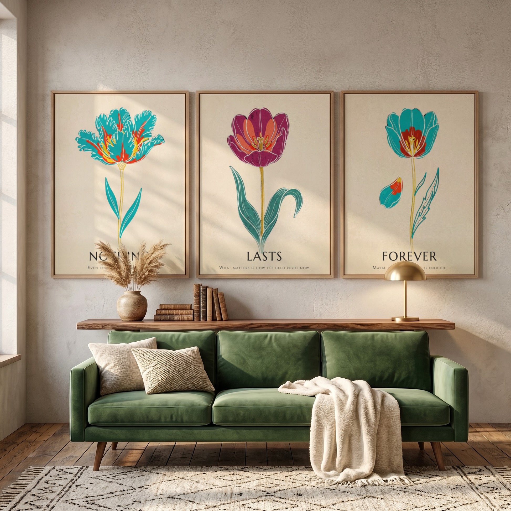 Poster set featuring three vibrant tulip illustrations with the words Nothing Lasts Forever displayed.