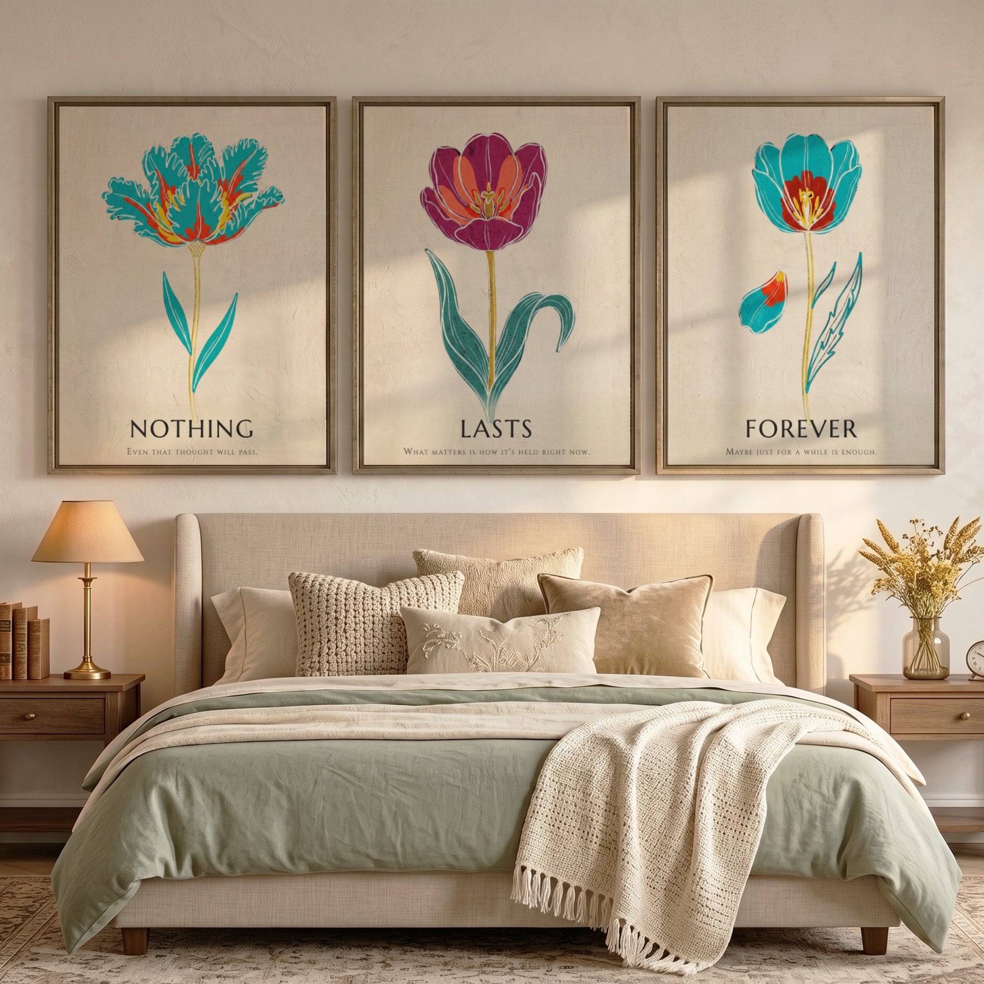 Poster set featuring three vibrant tulip illustrations with the words Nothing Lasts Forever displayed.