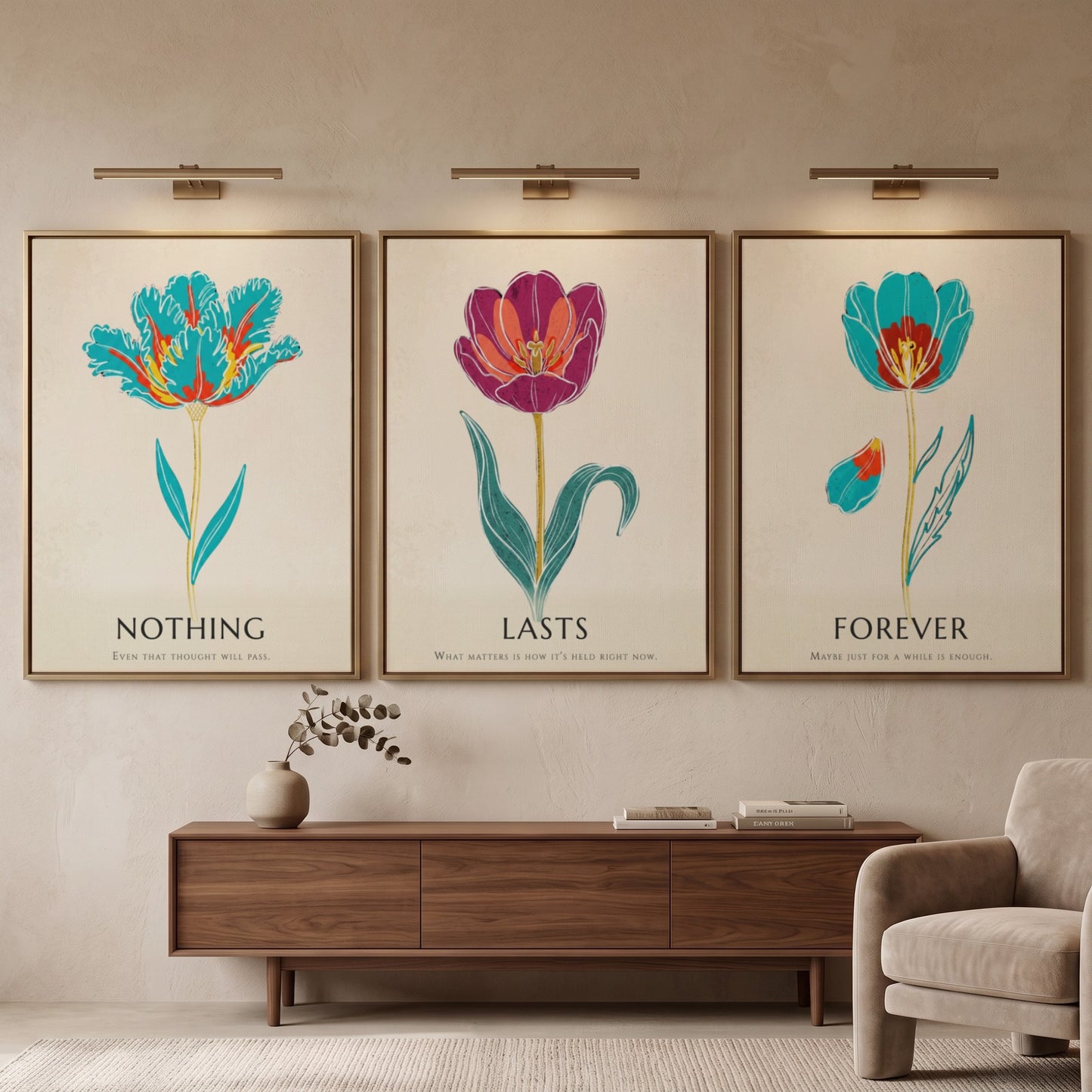 Poster set featuring three vibrant tulip illustrations with the words Nothing Lasts Forever displayed.