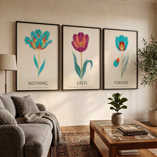 Poster set featuring three vibrant tulip illustrations with the words Nothing Lasts Forever displayed.