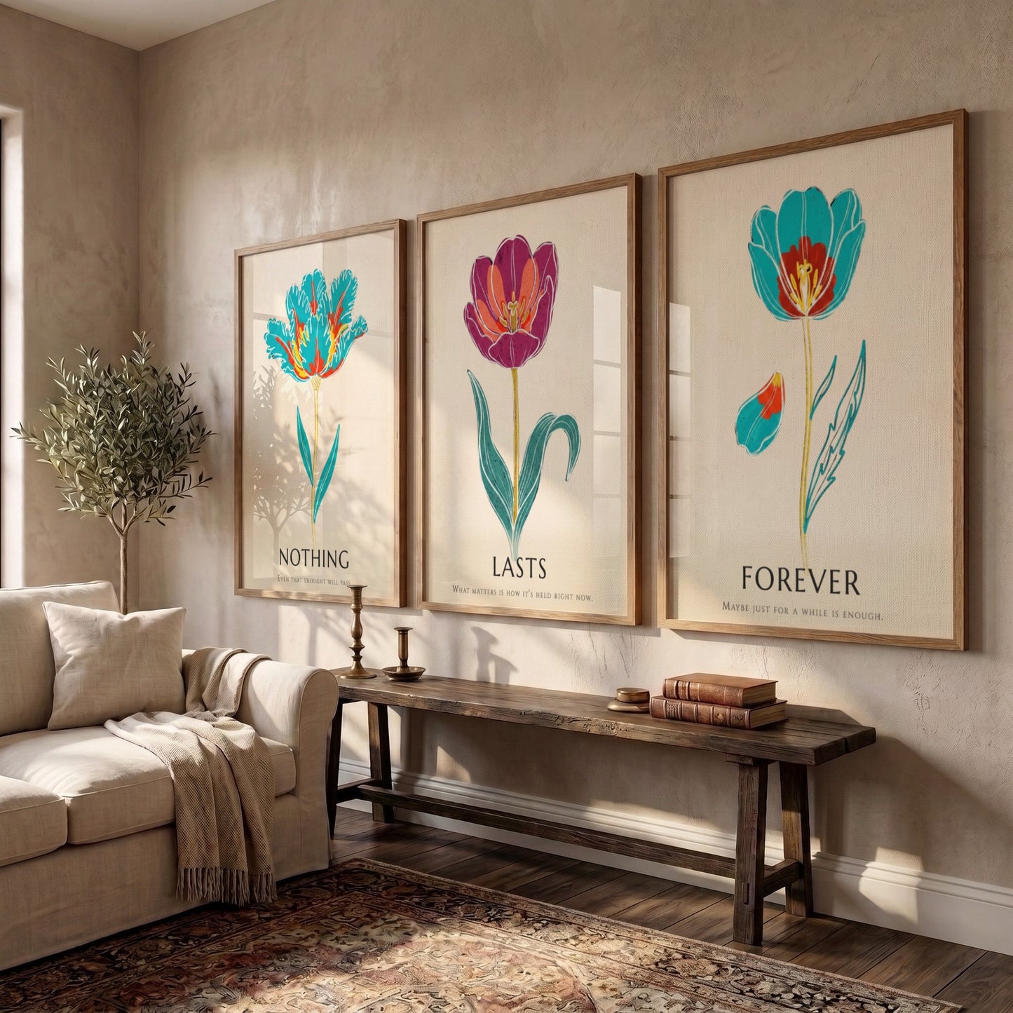 Poster set featuring three vibrant tulip illustrations with the words Nothing Lasts Forever displayed.