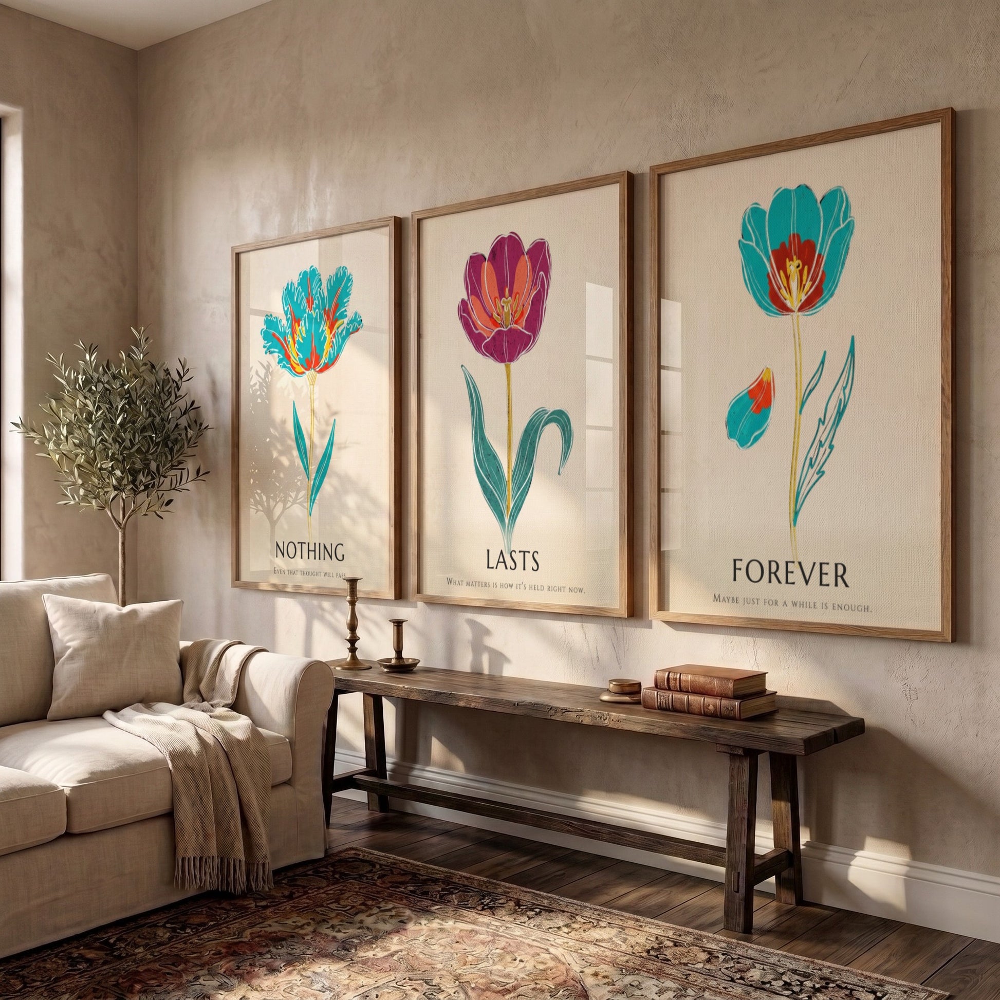 Poster set featuring three vibrant tulip illustrations with the words Nothing Lasts Forever displayed.