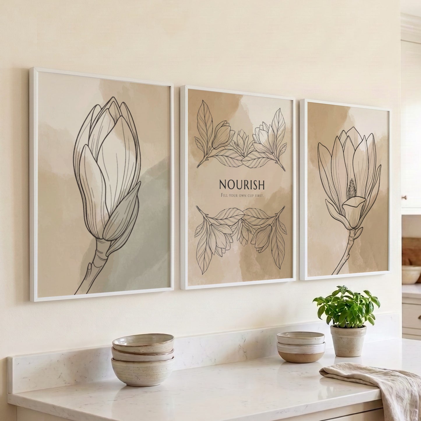 Poster set featuring Nourish text and delicate floral sketches on warm earth tones