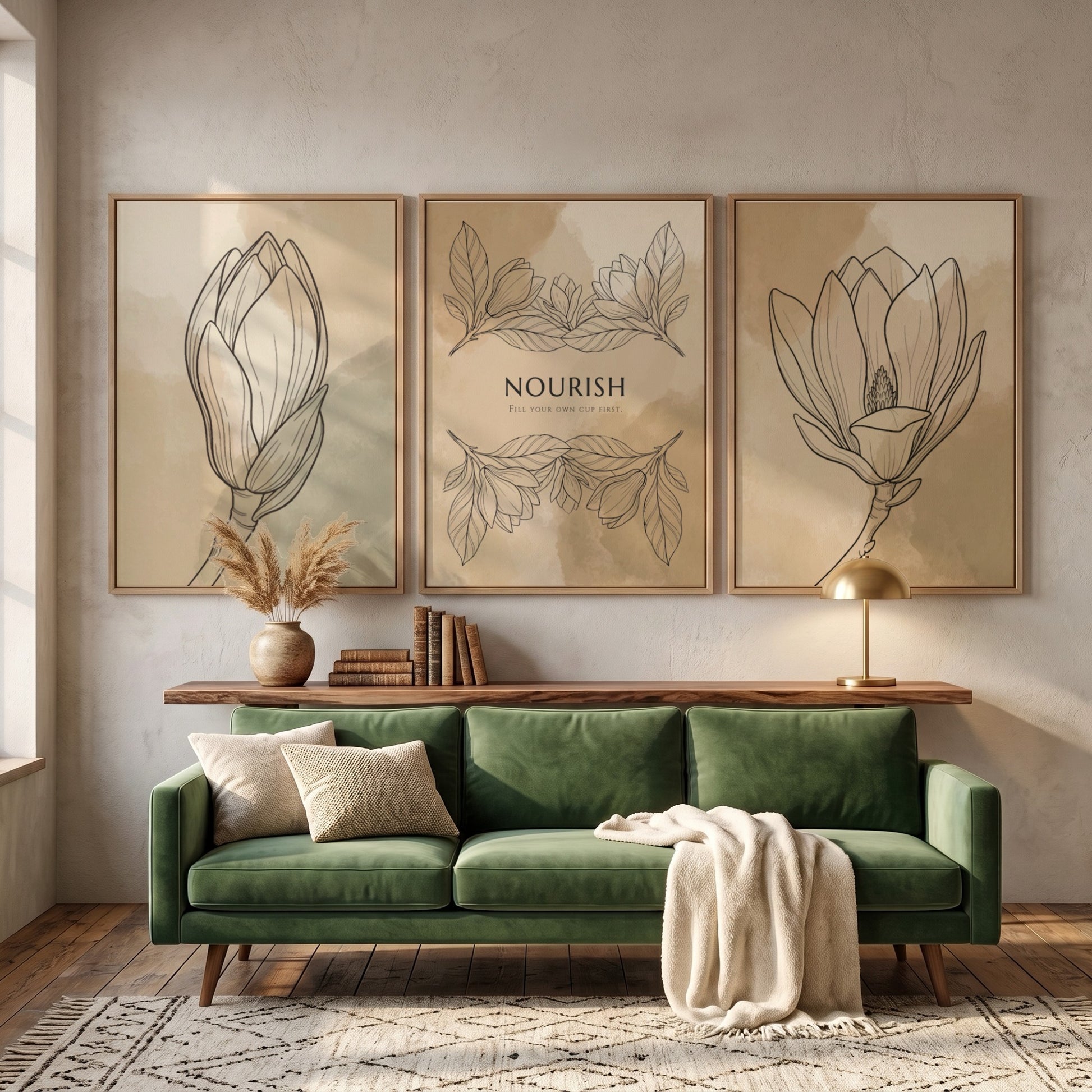 Poster set featuring Nourish text and delicate floral sketches on warm earth tones