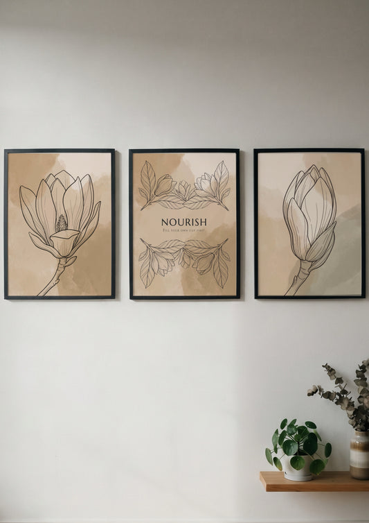 Poster set featuring Nourish text and delicate floral sketches on warm earth tones