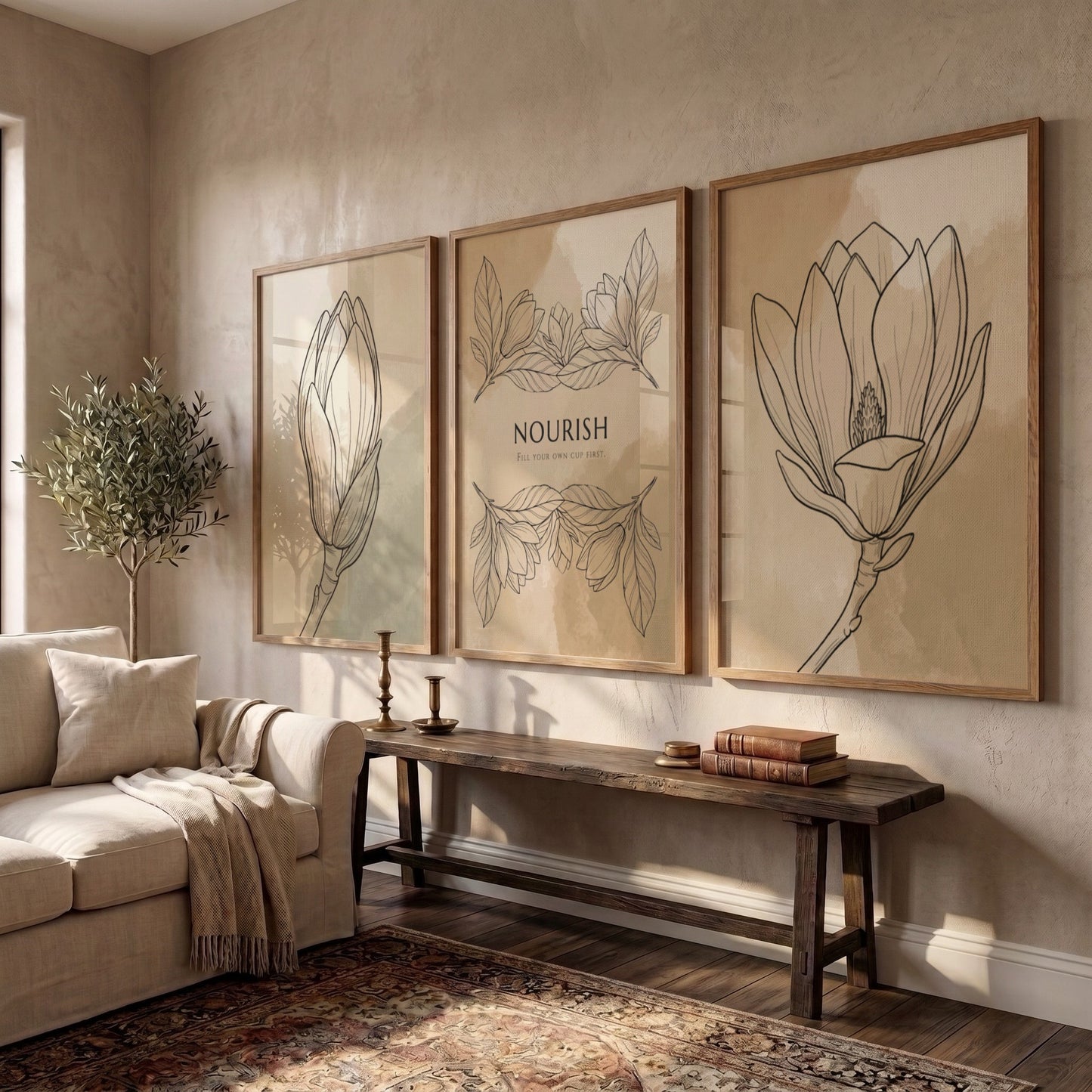 Poster set featuring Nourish text and delicate floral sketches on warm earth tones