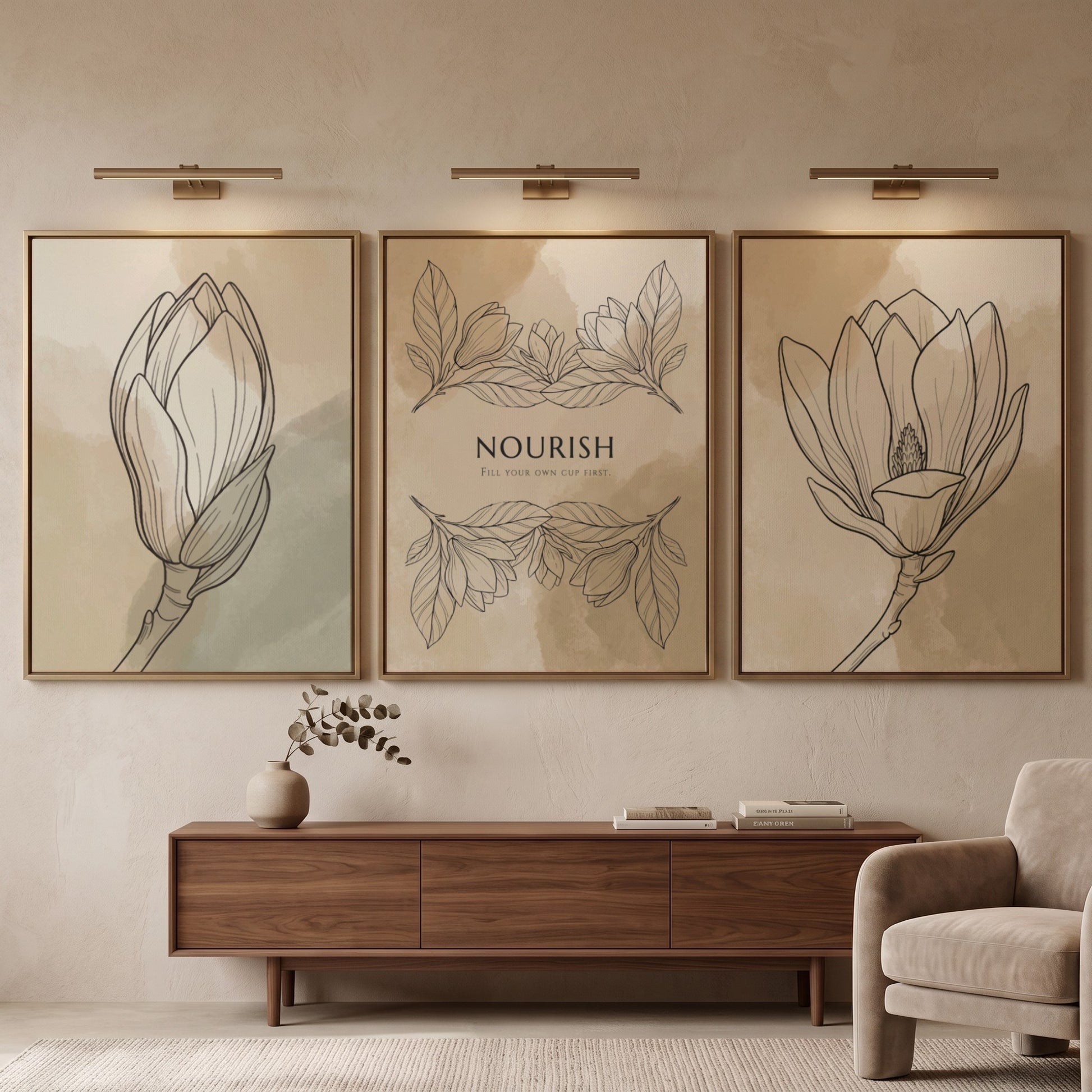 Poster set featuring Nourish text and delicate floral sketches on warm earth tones