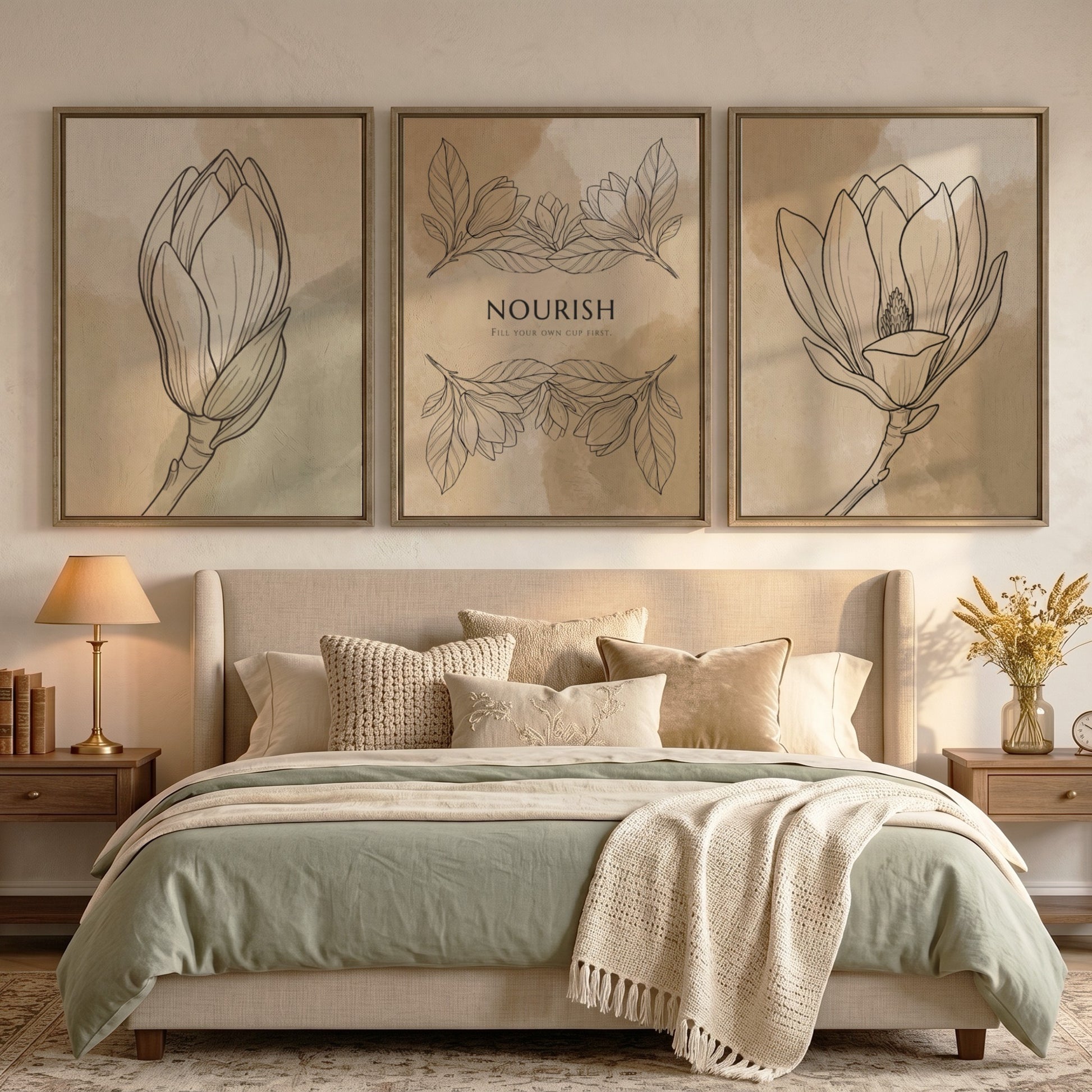 Poster set featuring Nourish text and delicate floral sketches on warm earth tones