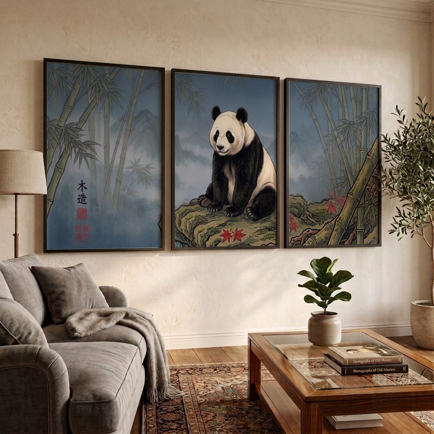Triptych of a giant panda sitting on a rock surrounded by misty bamboo