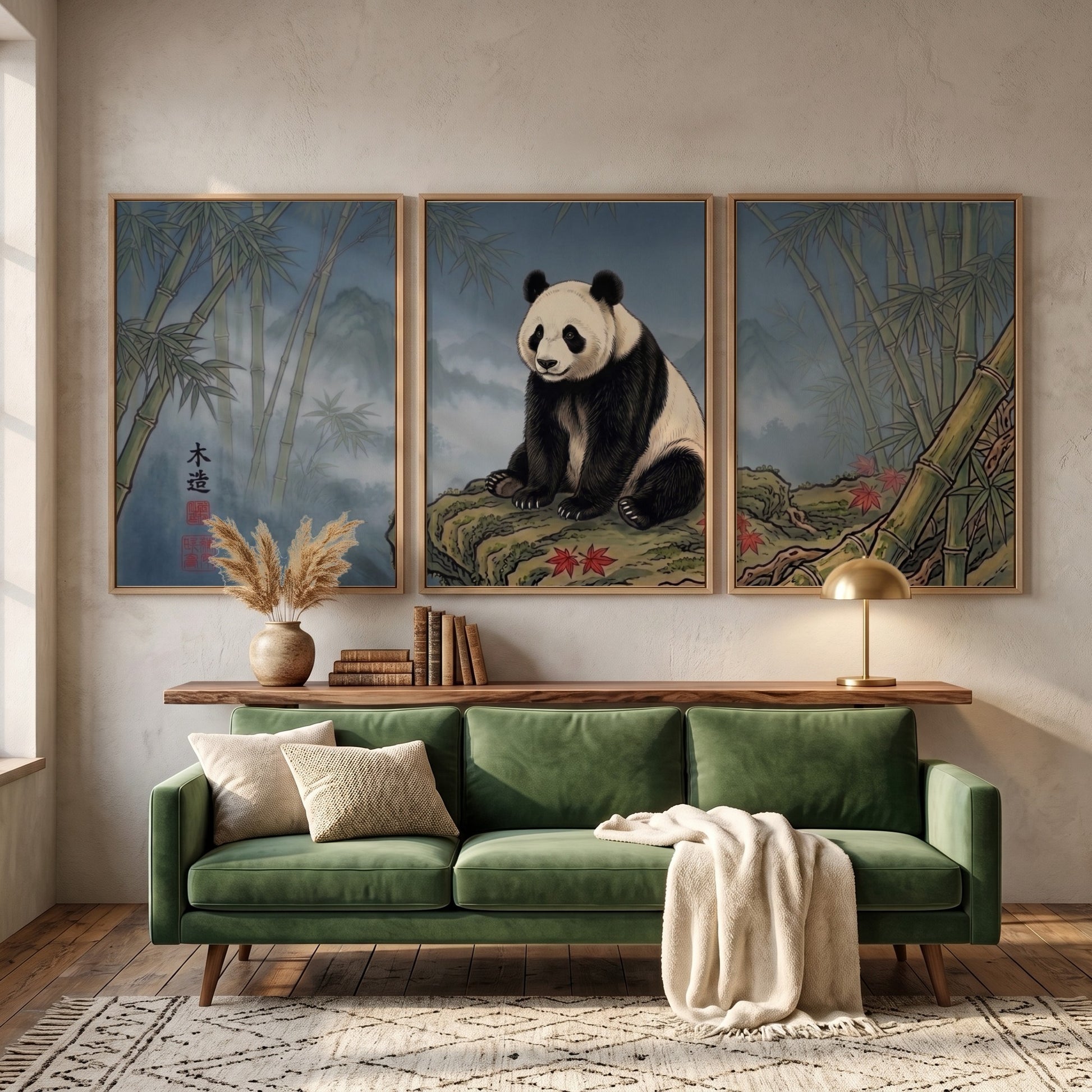 Triptych of a giant panda sitting on a rock surrounded by misty bamboo