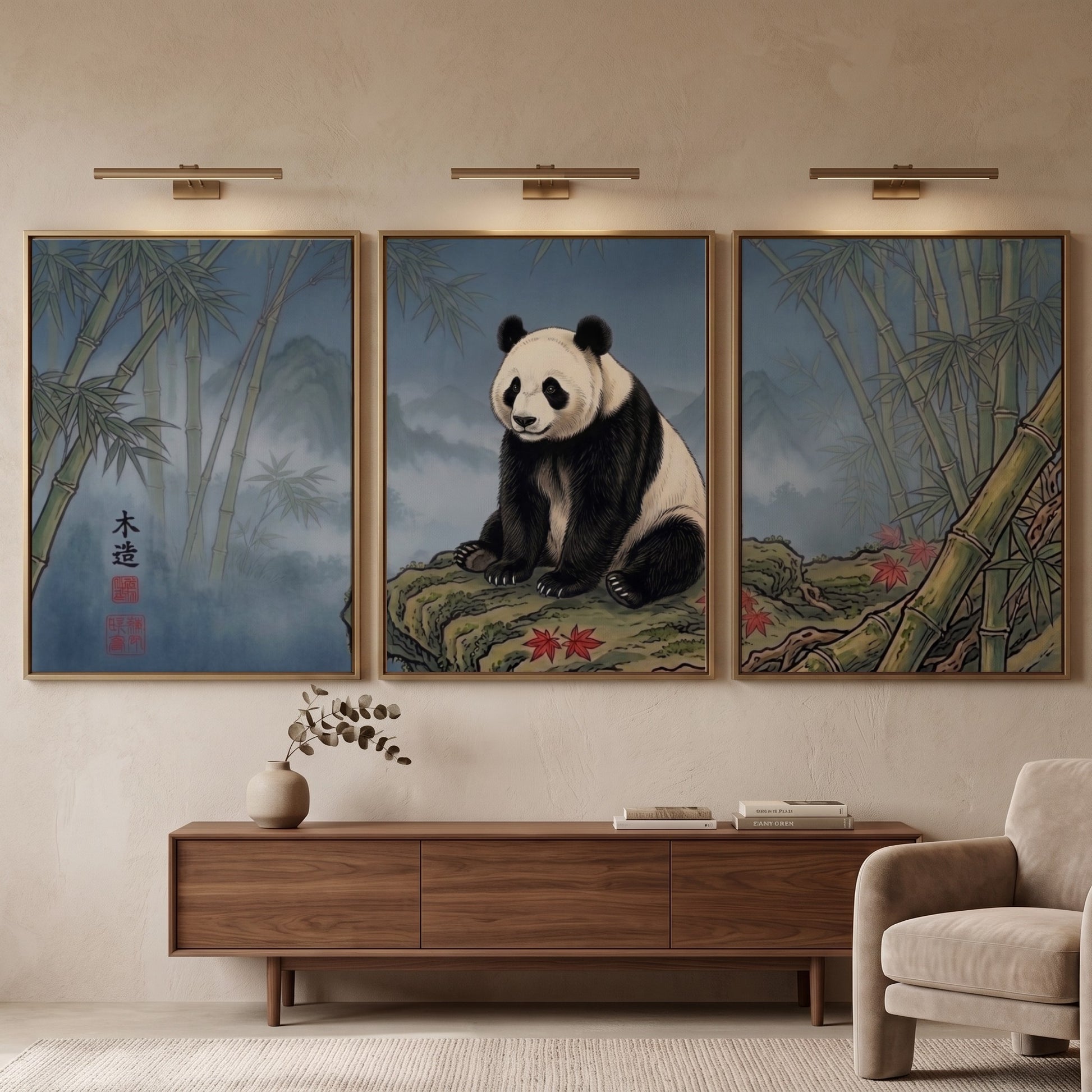 Triptych of a giant panda sitting on a rock surrounded by misty bamboo