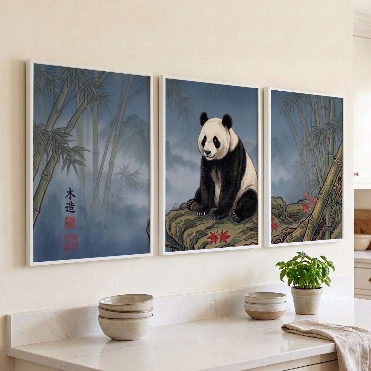 Triptych of a giant panda sitting on a rock surrounded by misty bamboo