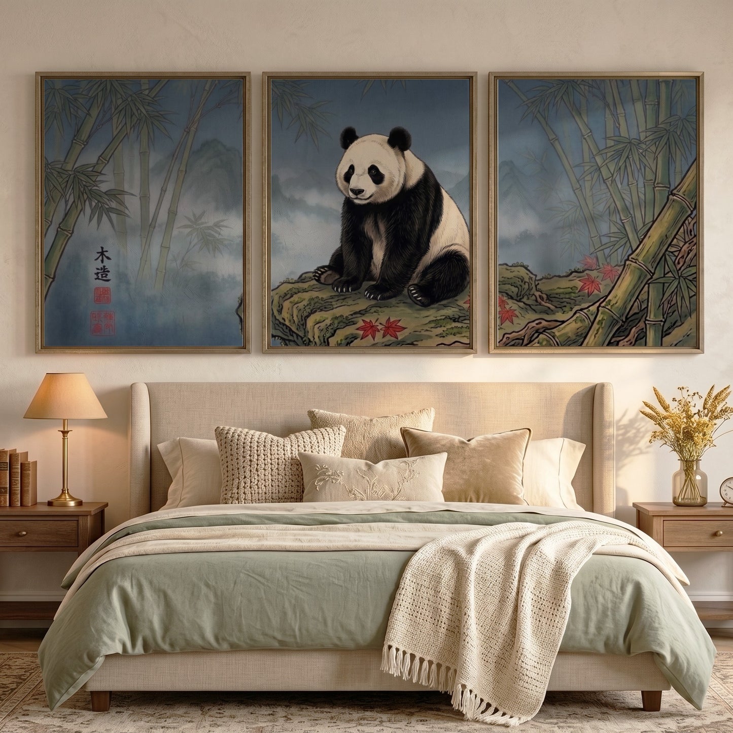 Triptych of a giant panda sitting on a rock surrounded by misty bamboo