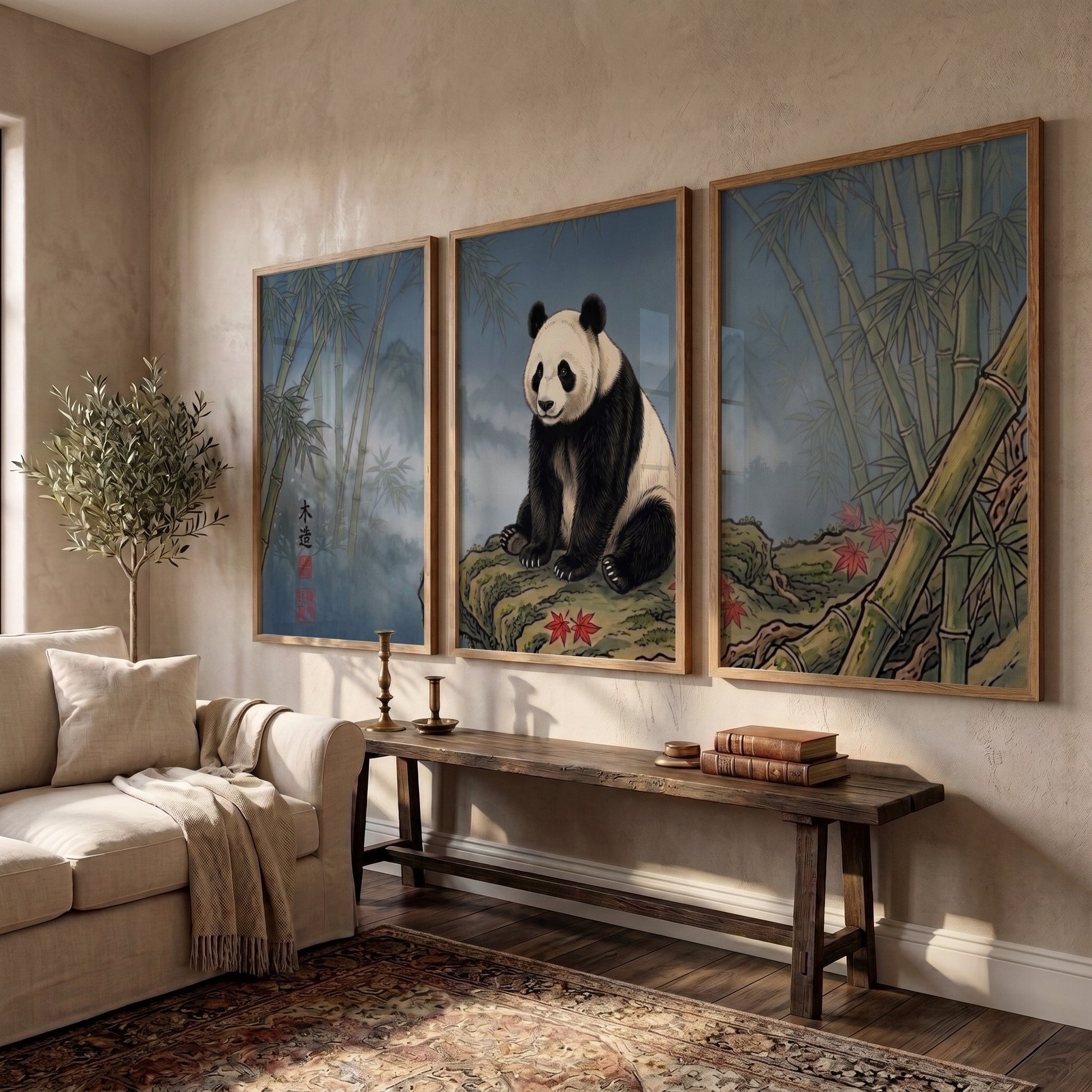 Triptych of a giant panda sitting on a rock surrounded by misty bamboo