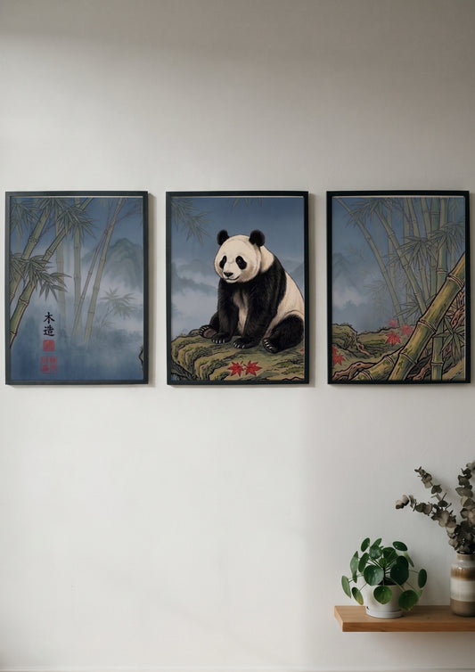 Triptych of a giant panda sitting on a rock surrounded by misty bamboo