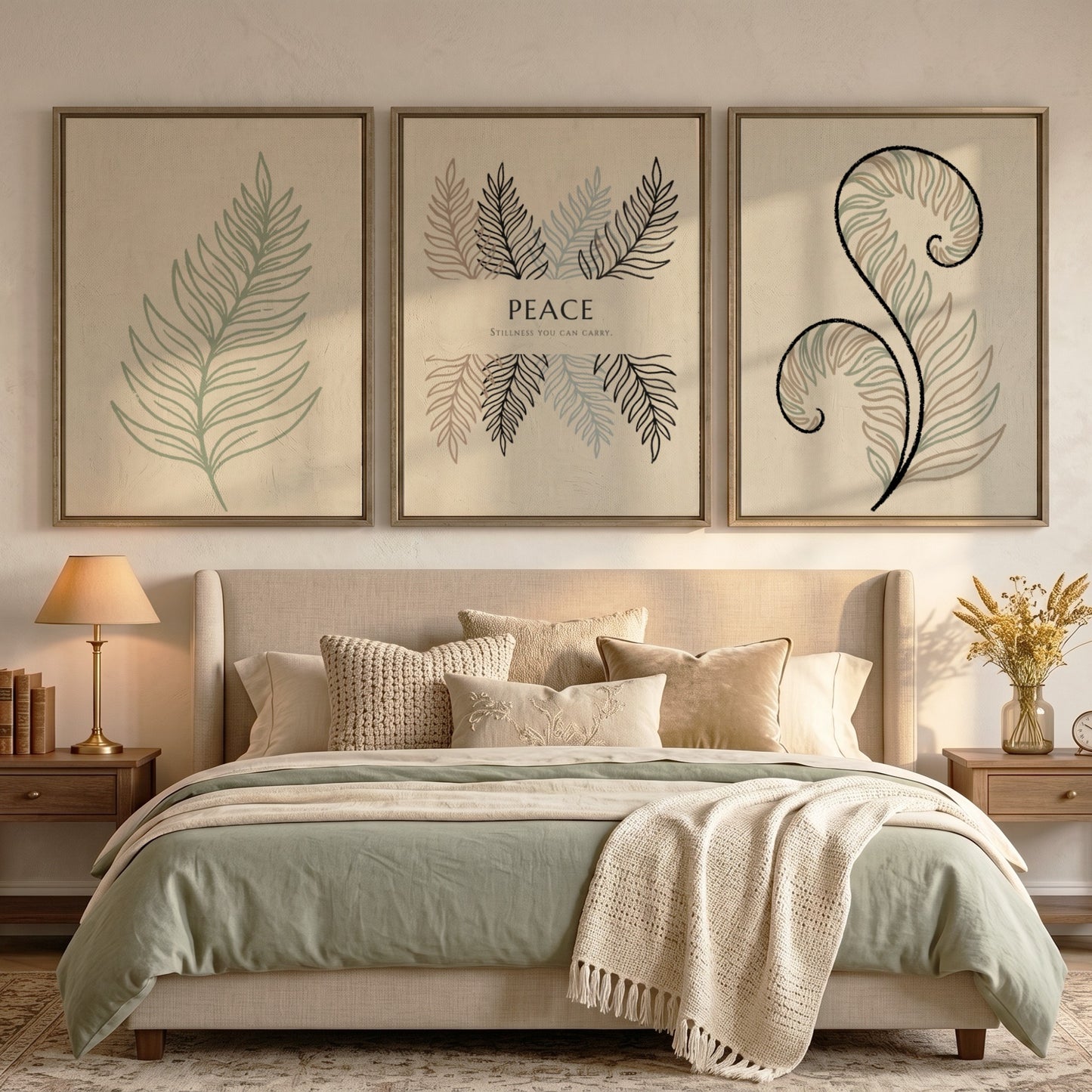 Poster set featuring three fern illustrations and the word Peace on cream background